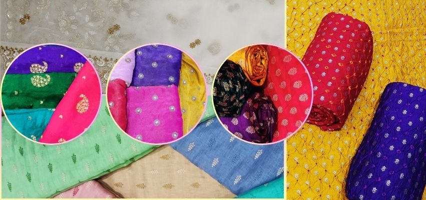 “Close-up of colorful Indian fabrics including silk, cotton, and chiffon”